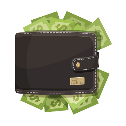 Leather dark brown wallet stitched with grey thread icon full of money sketch emblem. Closeup of pocket with green dollar banknotes, vector illustration