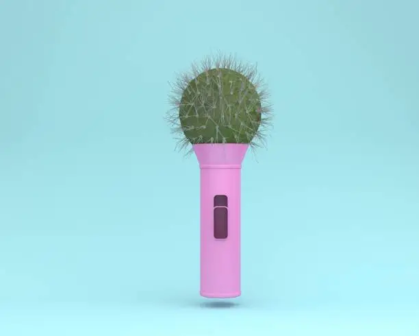 Photo of Creative idea layout cactus microphone floating on blue pastel background. minimal idea concept. Idea creative to produce work within an advertising marketing communications or artwork design