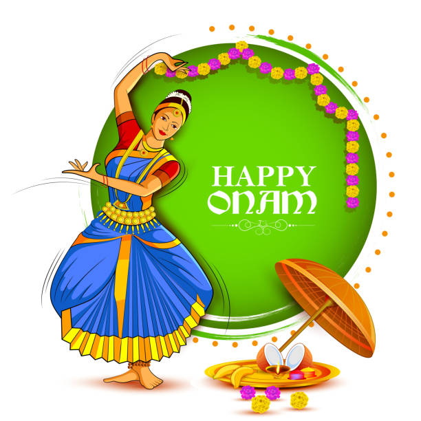 женщина, выполняя mohiniyattam танец для happy onam фестиваль южной индии керала фон - indian culture dancing dancer women stock illustrations