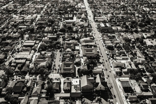 Urban sprawl in black and white of the Long Beach, California area just outside downtown Los Angeles.