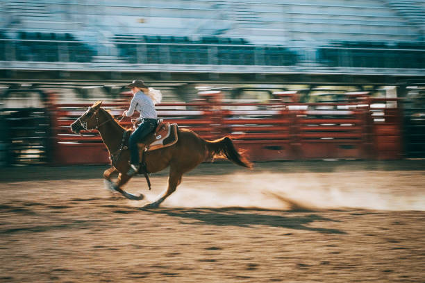 competition rodeo barrel racing - rodeo cowboy motion horse imagens e fotografias de stock