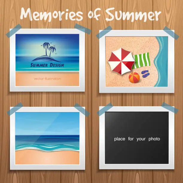 Vector illustration of Summer design. Wooden board with summer photos
