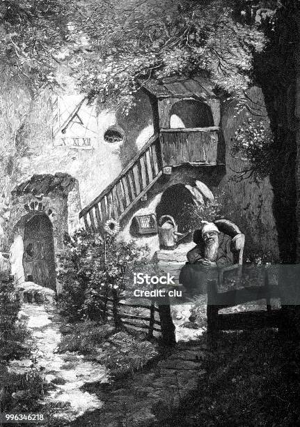 Idyll Of Old Age Stock Illustration - Download Image Now - Engraved Image, Engraving, Sunflower