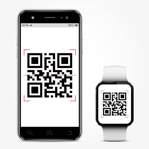 Mobile phone and smart watch with qr-code on screen vector art illustration