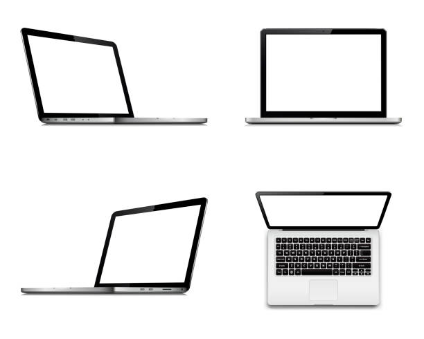 laptop bildschirm mockup mit perspektive, top und vorderansicht. satz von vektor-laptops mit unbelegten schirm isoliert auf weißem hintergrund. - upper view stock-grafiken, -clipart, -cartoons und -symbole