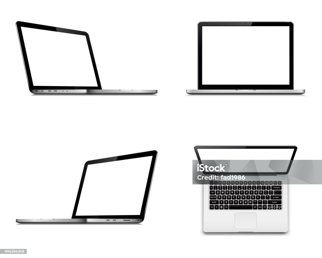視点、上部と正面のラップトップ画面のモックアップです。白い背景に分離された空白の画面を持つベクトル ノート パソコンのセットです。 - ノートパソコンのロイヤリティフリーベクトルアート