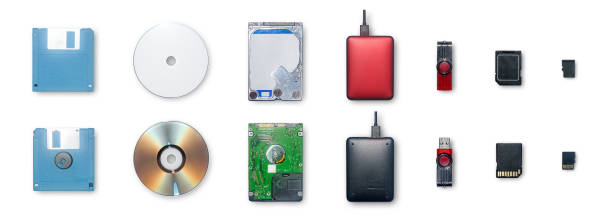 The devices use for storage information and transfer or backup data for isolated. Set of equipment for storage information and transfer or backup data, The devices for store data are Floppy disk, Compact disc, Hard Drive, External Hard Disk, Flash Drive, SD Card and Micro SD Card. solid state disk photos stock pictures, royalty-free photos & images