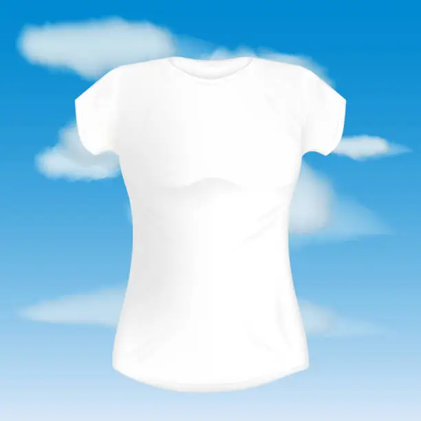 Vector illustration of vector blank template white women's fitted t-shirt on blue sky background and clouds. mockup t-shirt concept for design and printing.