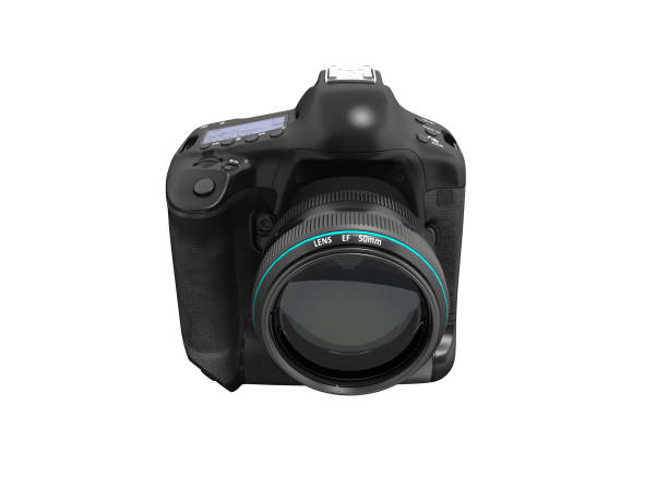istock Modern black camera with blue insets isolated in front 3d render on white background no shadow 996368828