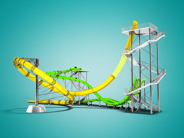 istock Modern yellow green water slides amusement for the water park for 3d rendering on blue background with shadow 996368968