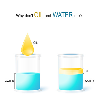 school experiment: Why don't OIL and WATER mix? Vector illustration for education and science use. water and oil - liquids that are normally immiscible (unmixable or unblendable). because their molecules are packed differently. Water is a polar molecule: the water molecules stick to each other. Oil is made up of non-polar molecules.