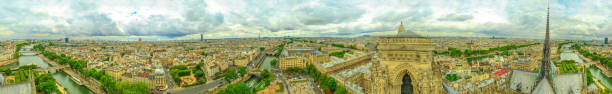 360 degrees skyline aerial view of Paris in France with the Tour Eiffel tower and Pont Saint-Michel bridge on Senna river, from top of the church Notre Dame of Paris, France.