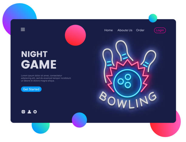 Bowling neon creative website template design. Vector illustration Bowling concept for website and mobile apps, business apps, marketing, neon banner. Night Games Bowling neon creative website template design. Vector illustration Bowling concept for website and mobile apps, business apps, marketing, neon banner. Night Games. cricket bowler stock illustrations