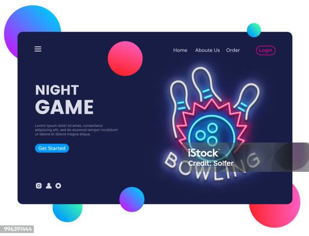 Bowling Neon Creative Website Template Design Vector Illustration Bowling Concept For Website And Mobile Apps Business Apps Marketing Neon Banner Night Games Stock Illustration - Download Image Now