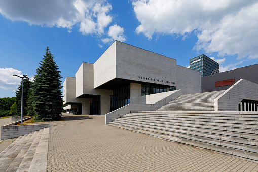 Vilnius, Lithuania - June 17, 2018: National Art Gallery designed in the 1960s is located on the banks of the Neris River. Photo taken with tilt and shift lenses.