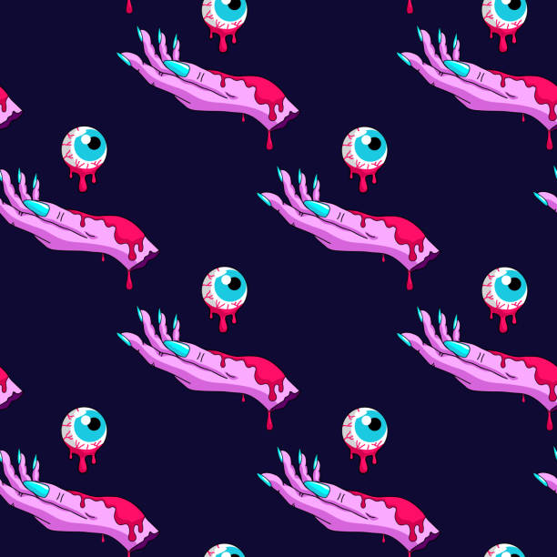 ilustrações de stock, clip art, desenhos animados e ícones de pink zombie hands with bloody eyes seamless pattern. halloween background. cartoon, comic, doodle style wallpaper. - aterrorizado ilustrações