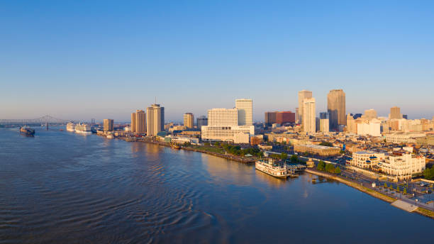 Aerial view of Mississippi River and New Orleans - Louisiana Aerial view of Mississippi River and New Orleans - Louisiana mississippi river stock pictures, royalty-free photos & images