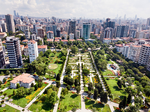 Aerial Drone View of Goztepe 60th Year Park located in Kadikoy, Istanbul. Cityscape.