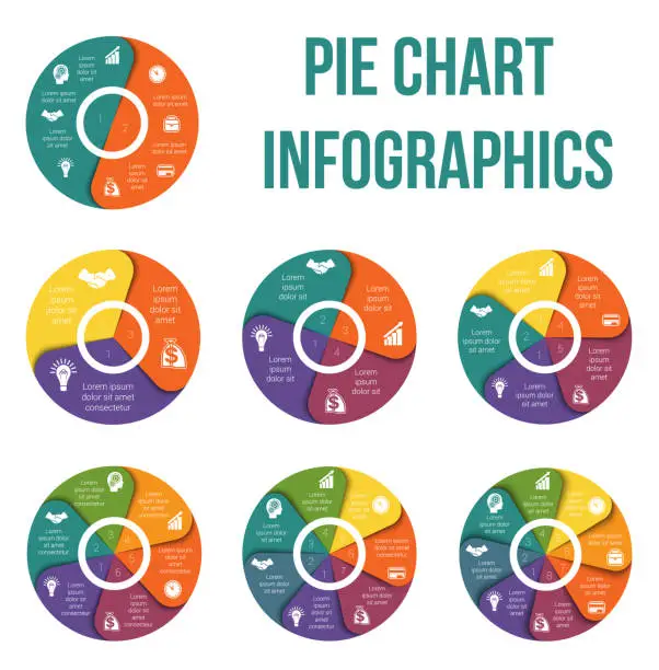 Vector illustration of Pie chart diagram data Elements For Template infographic. Infographics for 2, 3, 4, 5 ,6, 7, 8 positions. Set of business icons.