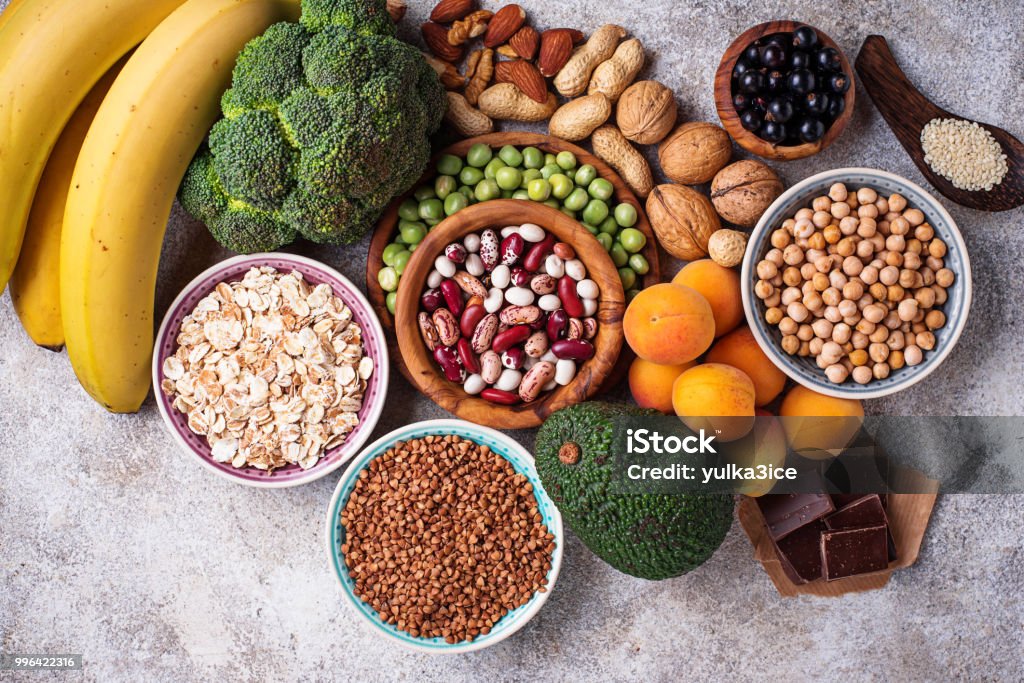 Assortment of  food containing magnesium Assortment of product containing magnesium. Healthy diet food. Top view Magnesium Stock Photo