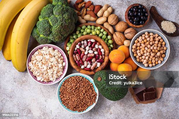 Assortment Of Food Containing Magnesium Stock Photo - Download Image Now - Magnesium, Food, Cereal Plant