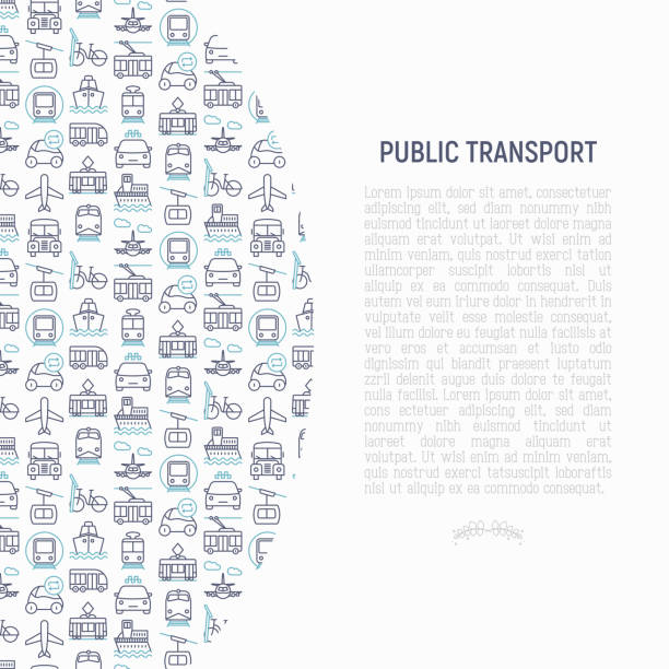 細い線のアイコンと公共交通機関の概念: 鉄道、バス、タクシー、船、フェリー、トロリーバス、トラム、カーシェア リングします。正面と側面のビュー。モダンなベクトル イラスト バナ� - public transportation cable car ferry bicycle点のイラスト素材／クリップアート素材／マンガ素材／アイコン素材