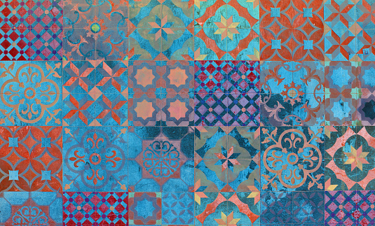 Digital background art made with photo collage technique. Mediterranean and Aegean traditional tiles.