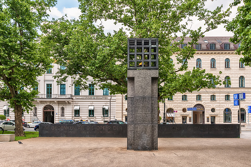 Munich, Germany June 09, 2018: Eternal flame, Platz der Opfer des Nationalsozialismus, Victims of National Socialism Memorial, Munich