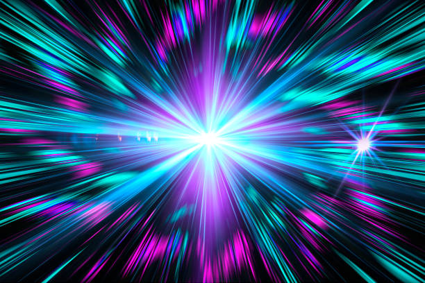istock Blue light effect, abstract, star burst, flash, laser beam, glitter, light rays, blue, purple on black background 996481810