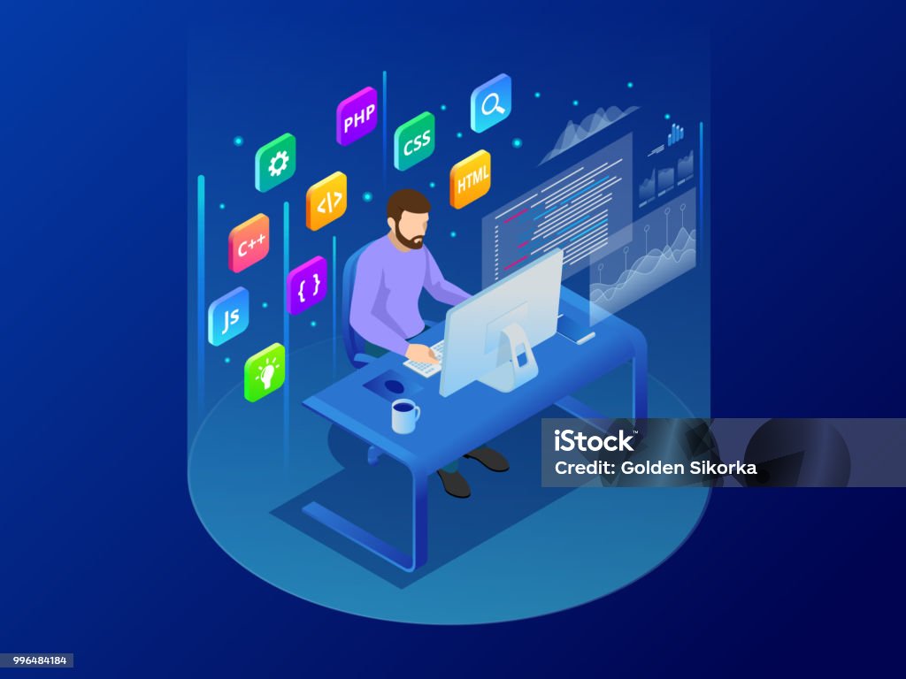 Programming Design Portrait Isometric Programmer Coding New Project Sitting On Computer With ...