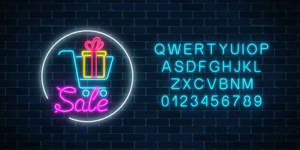 Glowing neon sign of supermarket shopping cart with gift box and alphabet. Luminous advertising sale banner. Glowing neon sign of supermarket shopping cart with gift box and alphabet on a dark brick wall background. Luminous advertising sale banner. Neon light effects store basket. Vector illustration. monday night stock illustrations