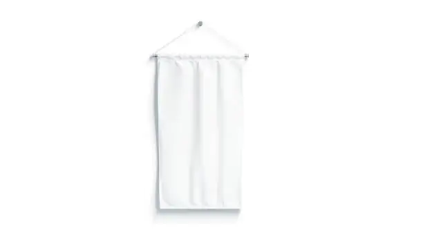 Blank white rectangle pennant mock up, isolated, 3d rendering. Clear penant hanging on wall mockup, front view. Empty flag template