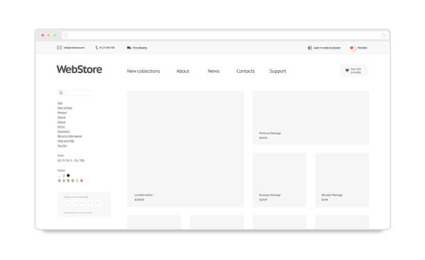 Blank white web store template mock up isolated Blank white web store template mock up isolated, 3d rendering. Clear web page interface mockup. Internet website template. Webstore layout for computer display. web browser stock pictures, royalty-free photos & images