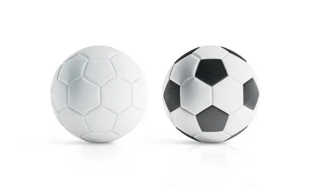 BLank white and white with black polygons soccer ball mockup, 3d rendering. Empty football sphere mockup, isolated. Clear sport bal for playing on the clean field template