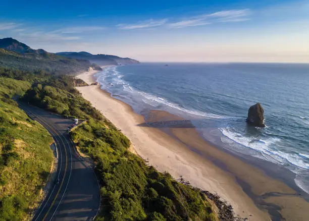 Photo of Oregon Coast Highway Passing Cannon Beach - Aerial Shot