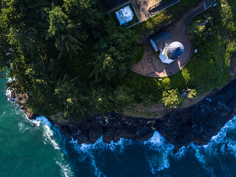 Aerial view of Cape Meares, an outcrop at the southern end of Tillamook Bay in Oregon.