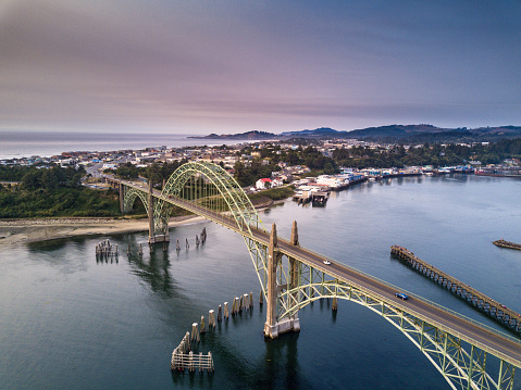 Aerial shot of the Yaquina Bay Bridge, which carries the Oregon Coast Highway - U.S. Route 101 - across Yaquina Bay, south of the city of Newport
