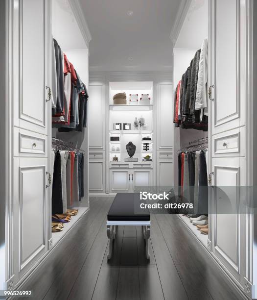 3d Rendering Classic White Wood Walk In Closet With Wardrobe Stock Photo - Download Image Now