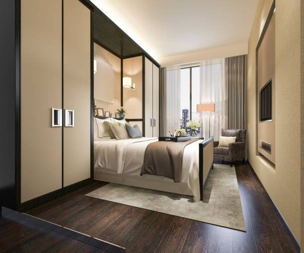 istock 3d rendering beautiful luxury bedroom suite in hotel with tv 996527006