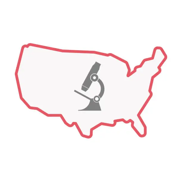 Vector illustration of Isolated USA line art map with  a microscope icon