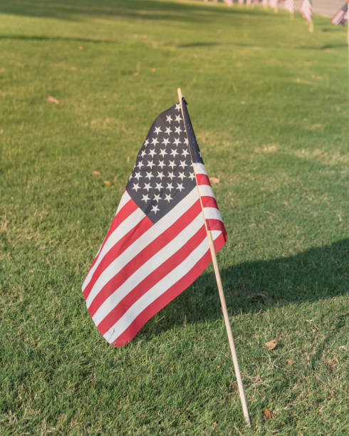 istock American Flags on green grass lawn Independence Day 996545252