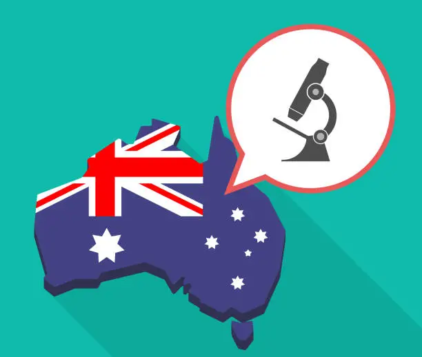 Vector illustration of Long shadow Australia map with  a microscope icon