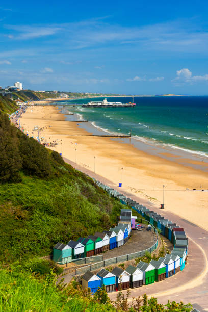 Bournemouth beach, pier, sea and sand Sunshine illuminates golden beaches and blue-green seas along the Dorset coast at Middle Chine between Poole and Bournemouth sandbanks poole harbour stock pictures, royalty-free photos & images