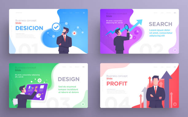 Presentation slide templates or hero banner images for websites, or apps. Business concept illustrations. Modern flat style Presentation slide templates or hero banner images for websites, or apps. Business concept illustrations. Modern flat style. Vector man presentation stock illustrations