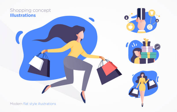 ilustrações, clipart, desenhos animados e ícones de conjunto de ilustrações de conceito comercial. estilo moderno simples - shopping women internet credit card