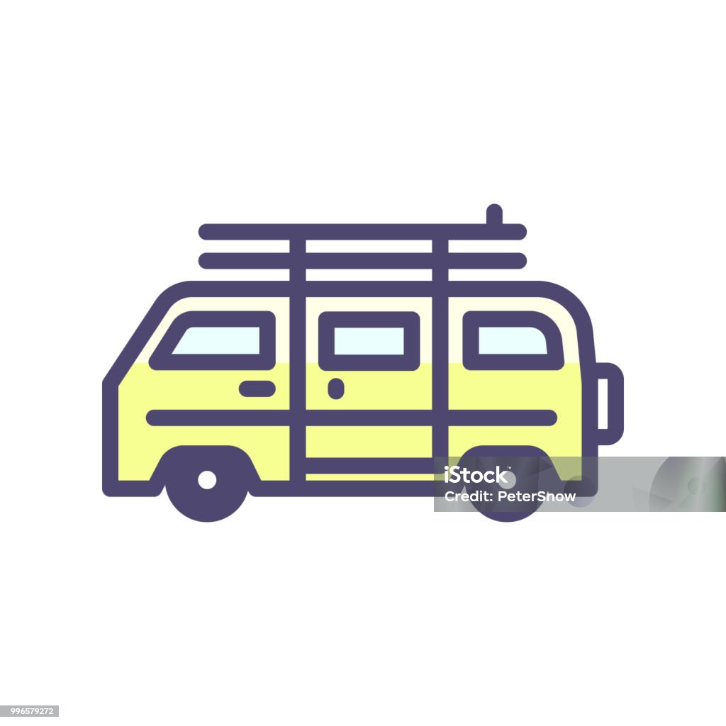 Summer van vehicle with surf boards icon. Vector thin outline icon for beach, surfing, hippie, outdoor adventures, vacation concepts vector eps10 Old-fashioned stock vector