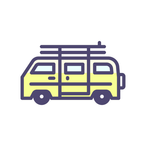 Summer van vehicle with surf boards icon. Vector thin outline icon for beach, surfing, hippie, outdoor adventures, vacation concepts vector eps10 music festival camping summer vacations stock illustrations