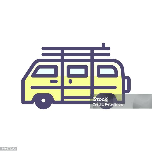 Summer Van Vehicle With Surf Boards Icon Vector Thin Outline Icon For Beach Surfing Hippie Outdoor Adventures Vacation Concepts Stock Illustration - Download Image Now