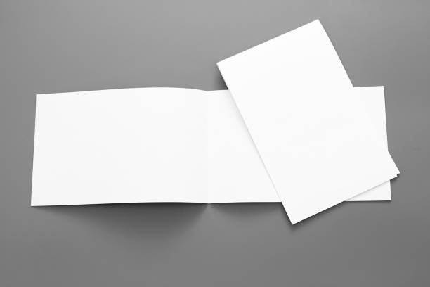 istock Blank portrait A4. brochure magazine isolated on gray, changeable background / white paper business card isolated on gray 996579556