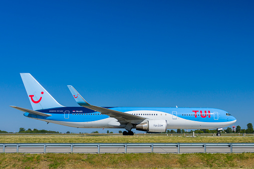 The aircraft of the TUI Airways is standing at Borispol airport in Ukraine.TUI Airways is the world’s largest charter airline founded in 1962 and offering scheduled and charter flights from the United Kingdom and the Republic of Ireland to destinations in Europe, Africa, Asia and North America.